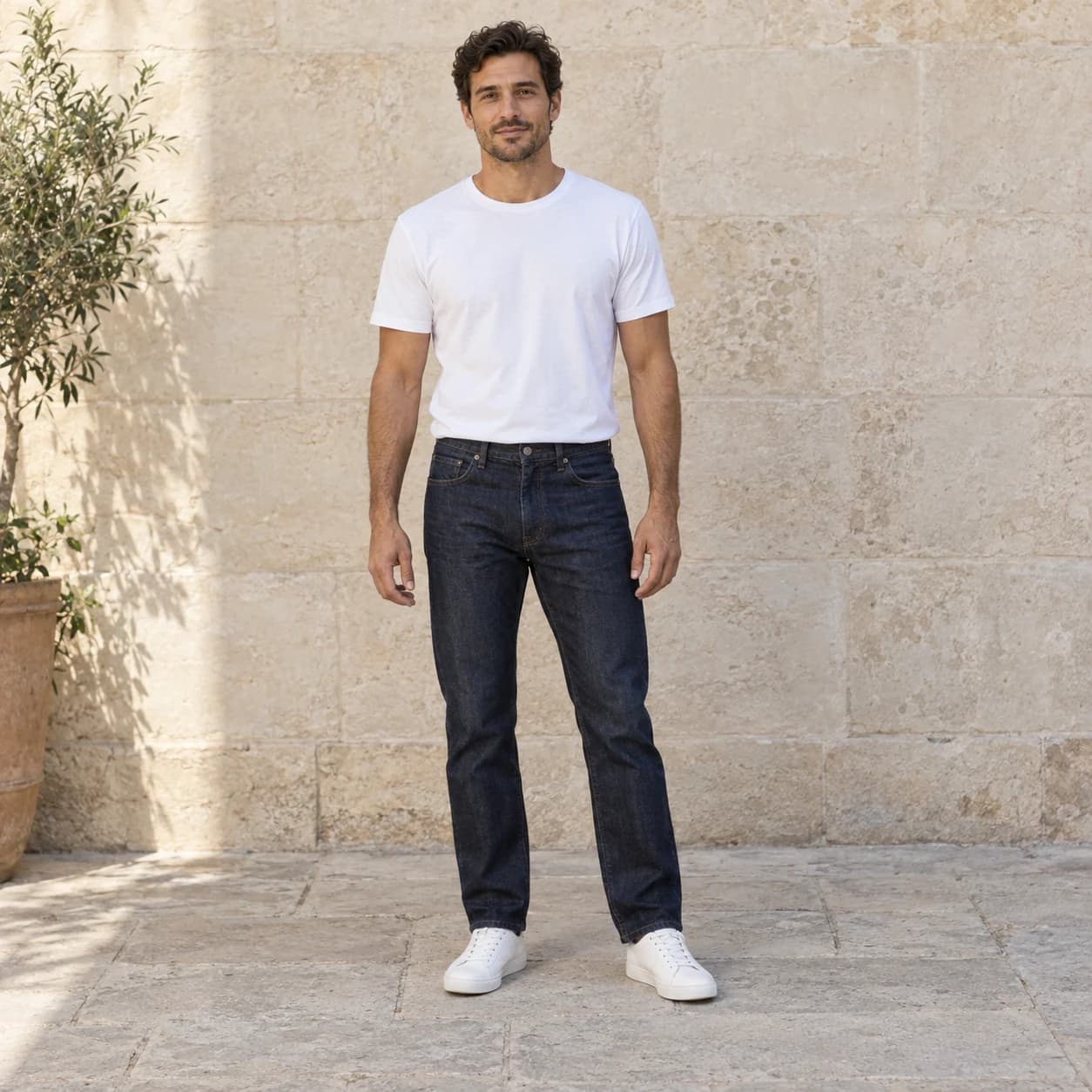 The same man in his original white T-shirt and dark jeans.