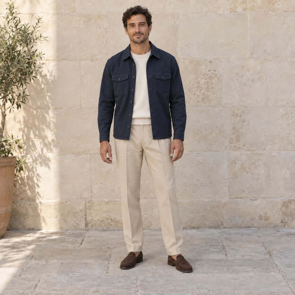 The man wearing the reference outfit: navy overshirt, cream knit and beige trousers.